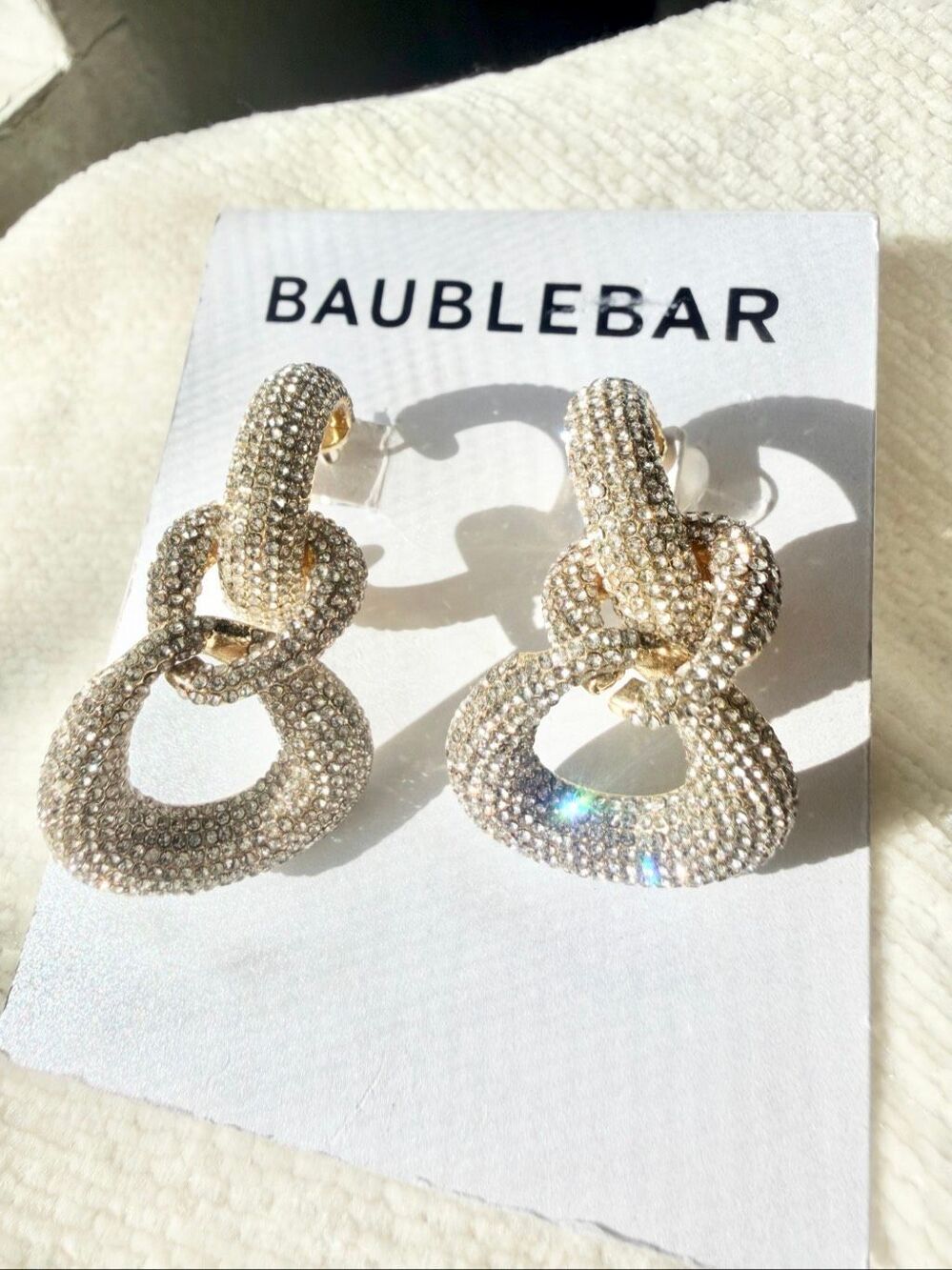 BaubleBar Crystal Pavé Knot Drop Earrings Gold Statement NWT